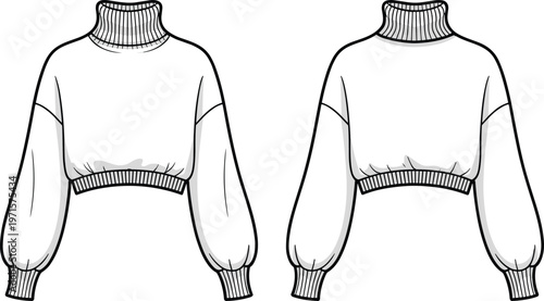 Front and back view of white cropped turtleneck sweater with ribbed details.