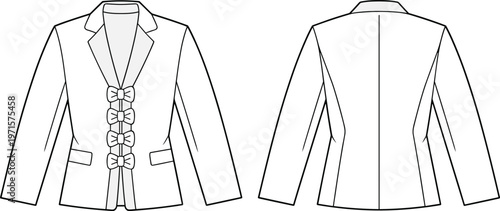 Front and back view of white blazer with bow detail and notched lapels.