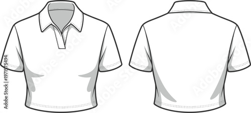 Front and back view of white cropped polo shirt with short sleeves.
