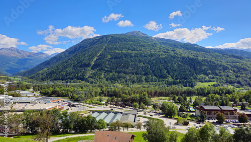 Bourg-Saint-Maurice valley town and forested mountains, Savoie, Auvergne-Rhone-Alpes, France, Europe.