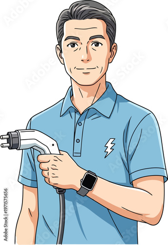Man holding electric vehicle charging connector with he appears focused and ready