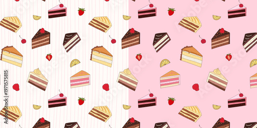 Cake slice seamless pattern, cake with cream and decorated with whipped cream, cherry, strawberry, lemon for Background and Wrapping Use