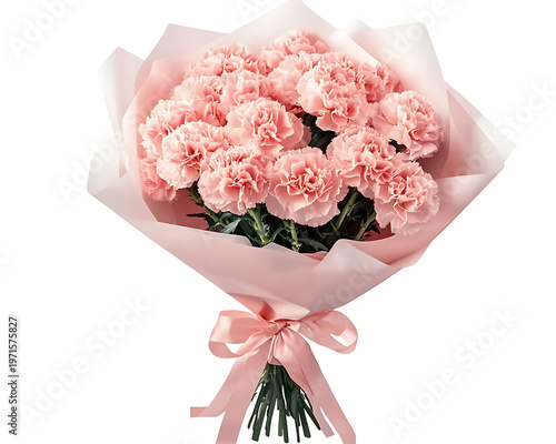 Beautiful pink carnation flower bouquet wrapped in paper on transparent background element.