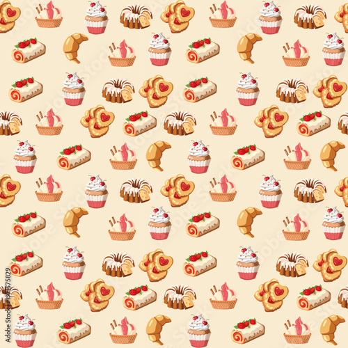 Seamless vector pattern with small-scale dessert icons including cupcakes, croissants, jam cookies, cream rolls, bundt cakes, and ice cream. Repeating cute bakery elements in a warm pastel palette on 