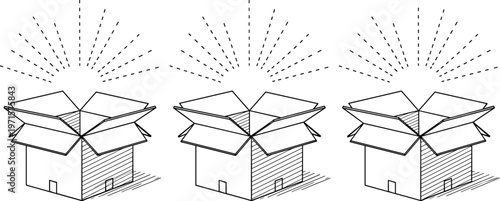 open cardboard box icon, unboxing concept illustration, package delivery symbol, shipping container design, surprise reveal, minimal line art, isolated vector set