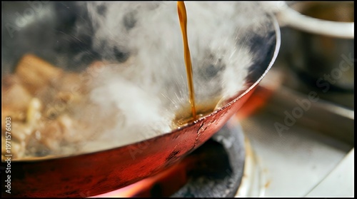 Sizzling Copper Pan: Aromatic Sauce Pour with Steam Rising