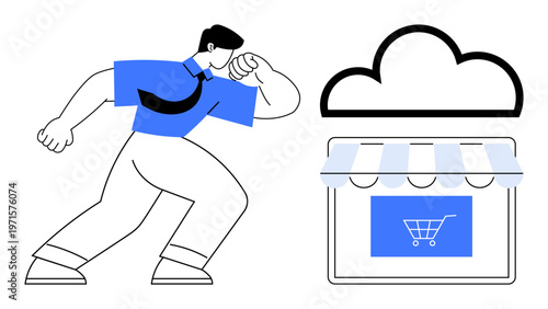 E-commerce, cloud technology, online shopping, digital business, retail marketplaces, connectivity. A person interacting with a cloud and storefront. E-commerce and cloud technology concept