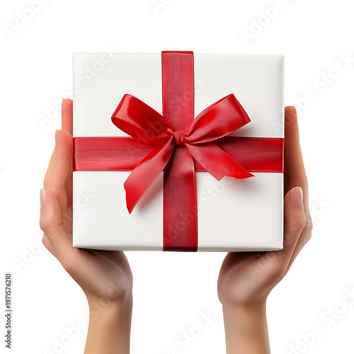 Hands hold white gift box with red ribbon bow isolated on transparent png background.