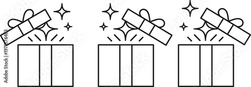 open gift box icon set, surprise present illustration, sparkling effect design, celebration concept, festive package, minimal line art, isolated vector collection