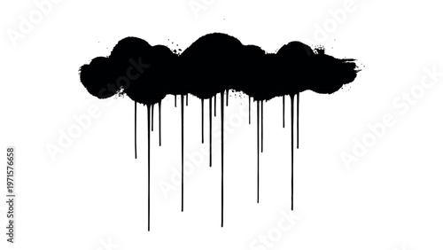 Black spray paint cloud silhouette with dripping rain effect on white background.