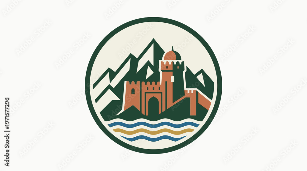 Naklejka premium Vintage-Style Castle and Mountain Range Logo
