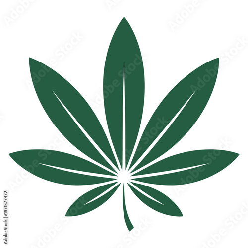 A stylized depiction of a cannabis leaf with seven distinct serrated leaflets.