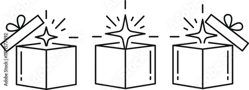 open gift box sequence icon, surprise unboxing illustration, step by step present reveal, sparkling effect design, minimal line art, isolated vector set