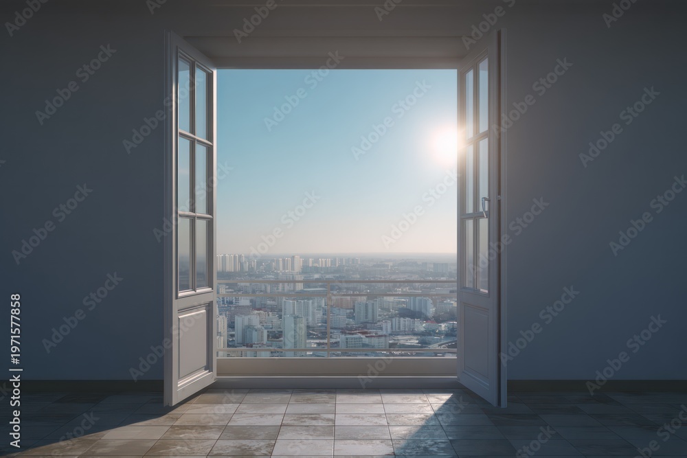Fototapeta premium Empty apartment with terrace city view