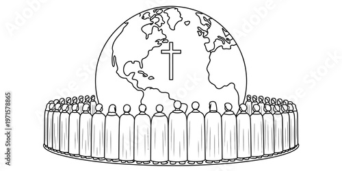 A circular group of people in robes standing around a globe with a christian cross in the center Vector, illustration
