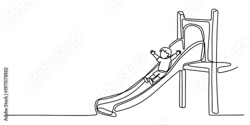 A continuous line drawing of a happy child sliding down a playground slide with arms raised high. Vector, illustration