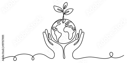 A single continuous line drawing of hands cradling a globe with a small sprout growing on top Vector, illustration