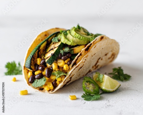 A bright and airy shot of a taco with grilled zucchini, corn, and black beans,