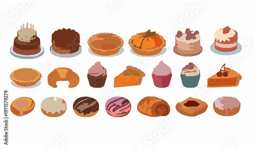Sweet Bakery Desserts Cakes Pies Cupcakes Vector Illustration Set