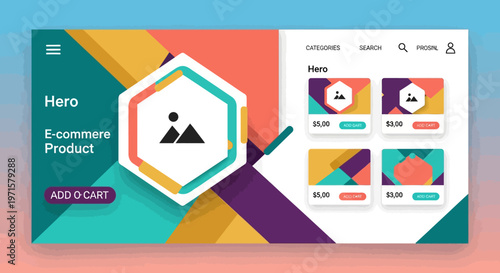 E-commerce website hero section, colorful geometric shapes, product showcase template, modern web design