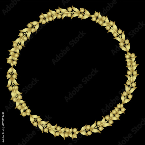 Round floral frame or circular botanical border with stylized branches. Golden glossy silhouette on black background.