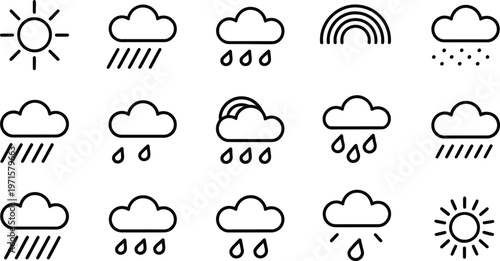 Weather forecast icons with rain clouds sun and rainbow on white background