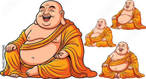 Buddha, laughing buddha, cartoon buddha, vector buddha icons, orange robes