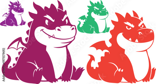 Colorful cartoon dragons, cute fantasy creatures, purple green red illustrations, vector icons