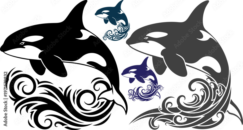 Fototapeta premium Orca whale icons, killer whale silhouettes, ocean wave graphics, vector orca illustrations