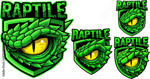 Green reptile eyes, raptile logos, shield icons, yellow eyes, green vector graphics
