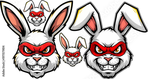 Cartoon angry rabbit masks, red eye bands, white fur, vector icons set