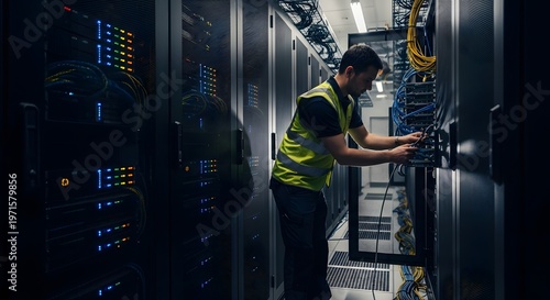 IT professional working in a dark data center room. Network maintenance and hardware installation. Male technician in a safety vest connecting cables to a large server rack system
