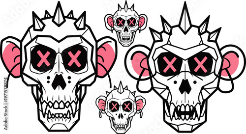 Monkey skulls, cartoon punk skulls, vector illustration set, animal icons