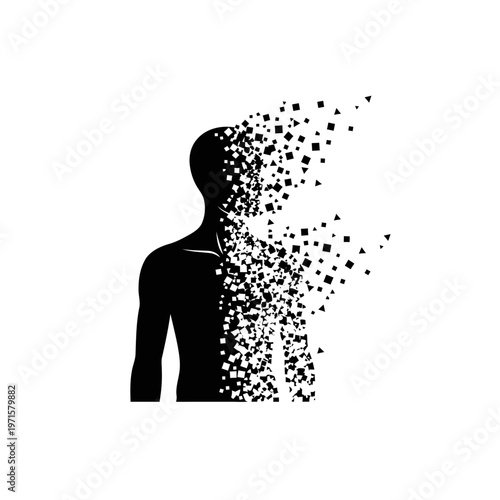 A silhouette of a man dissolving into small particles and disappearing