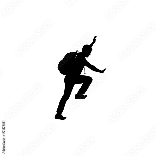 A silhouette of a person jumping in the air with a backpack