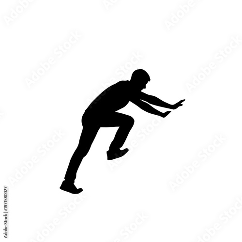 A silhouette of a man in a running position on a white background