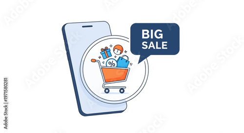 E-commerce icon, shopping cart, mobile phone, sale, discount symbol, vector graphic