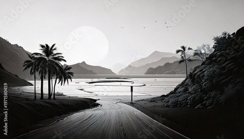 Serene Tropical Landscape with Palm Trees and Mountains at Sunrise.