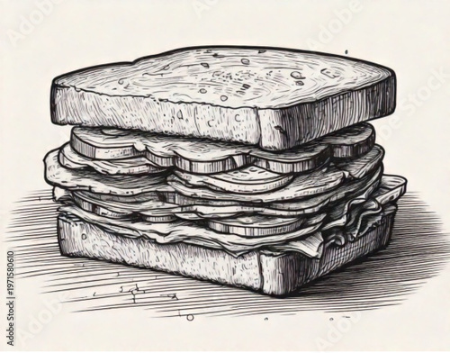 Deliciously stacked deli sandwich with layers of meat and bread.