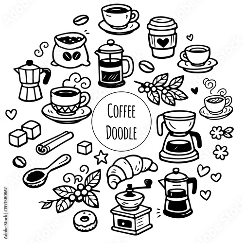 Cute doodle cartoon coffee shop icons. Outline hand drawn for coffee and bakery for cafe menu