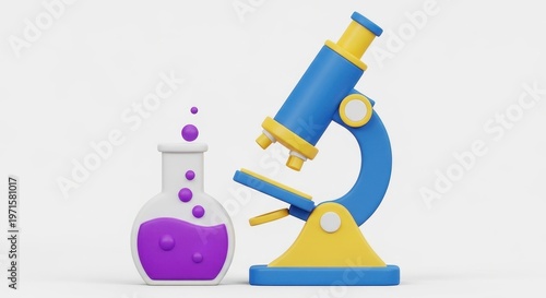 A microscope and a beaker with purple liquid on a white background