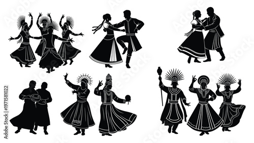 Traditional dance silhouettes vector folk dancers cultural performance costumes movement festival choreography ritual