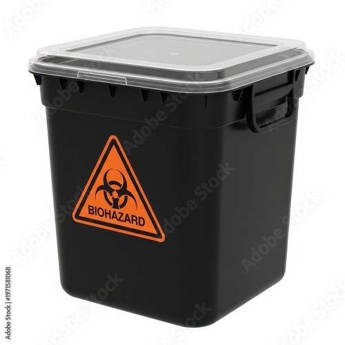 A black biohazard container with an orange warning sign