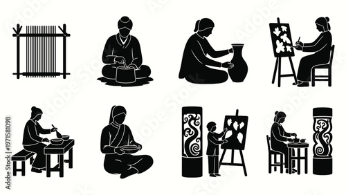 Traditional asian craftsmanship silhouettes with pottery weaving painting and rural life culture vector