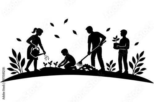 Community Gardening Silhouette Vector Illustration