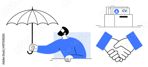 Job security concept. Job security with umbrella protecting worker, resume folder, and handshake. Job security for career growth, recruitment, partnerships, and HR strategies