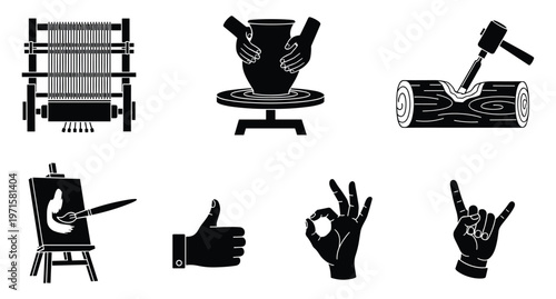 Craft icons vector set pottery weaving carving painting hand gestures artisan workshop creative tools