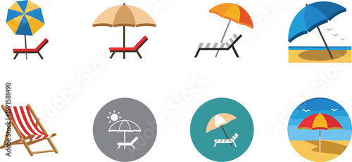 Beach Umbrella and Sun Lounger Icon Set with Summer Vacation Relaxation Elements in Flat Design Style for Travel and Holiday Themes