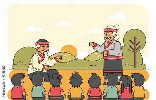 Elder storytelling outdoors vector teaching children cultural heritage nature scene community learning oral tradition