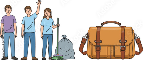 Cleaning workers characters with broom and trash bag and brown leather messenger bag vector illustration set